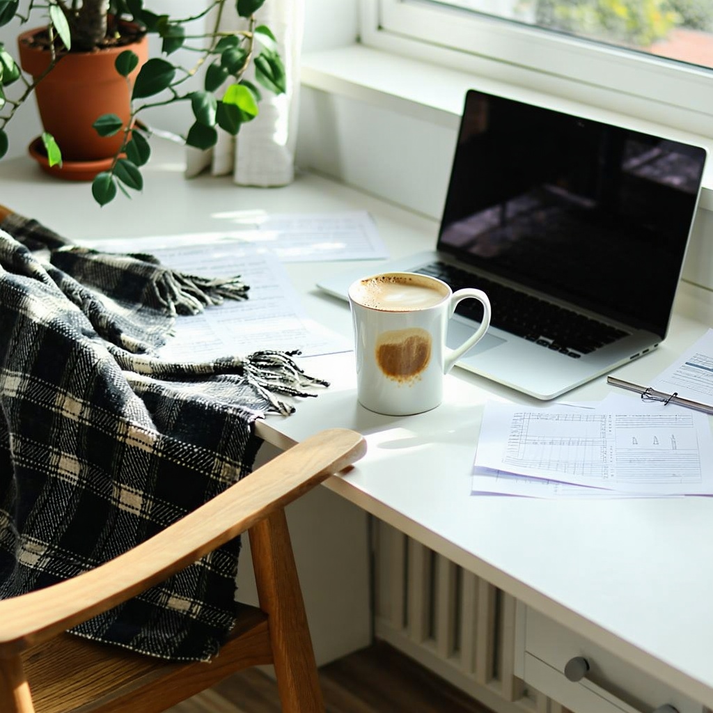 A cozy home desk with a laptop, coffee, and a knit blanket by a sunlit window